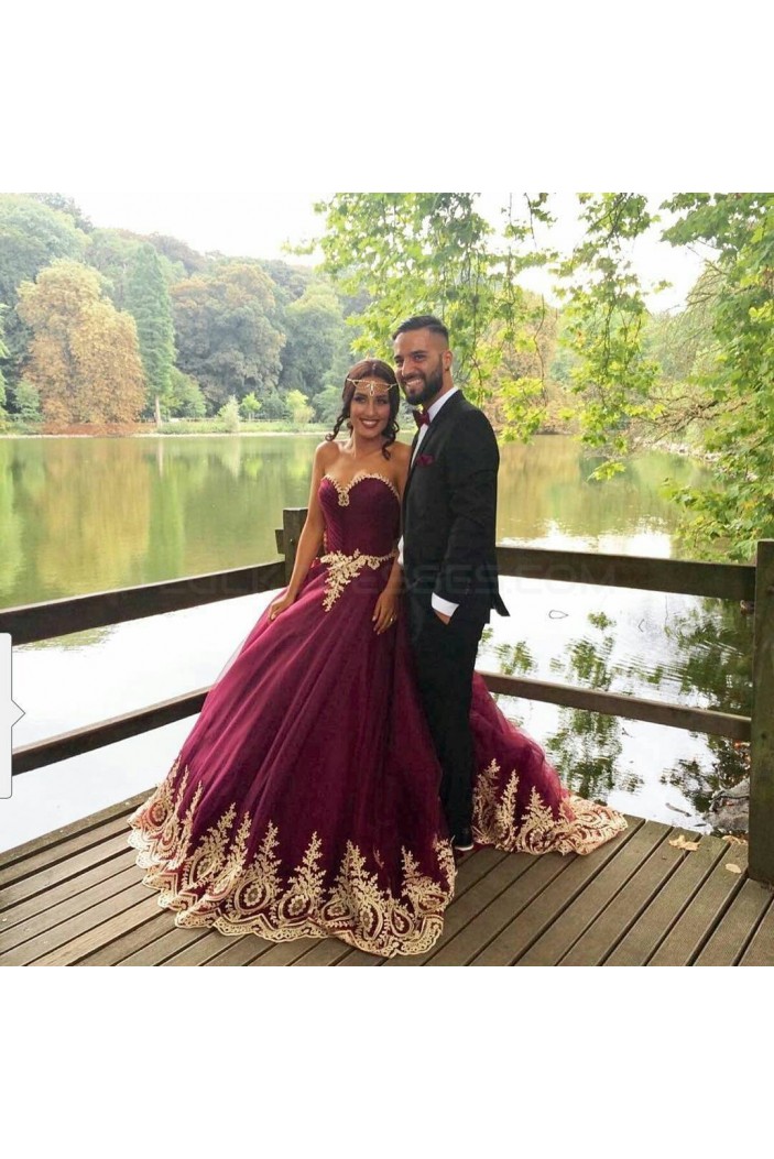 Long Burgundy Ball Gown Prom Formal Evening Party Dresses with Gold Lace Appliques 3021160