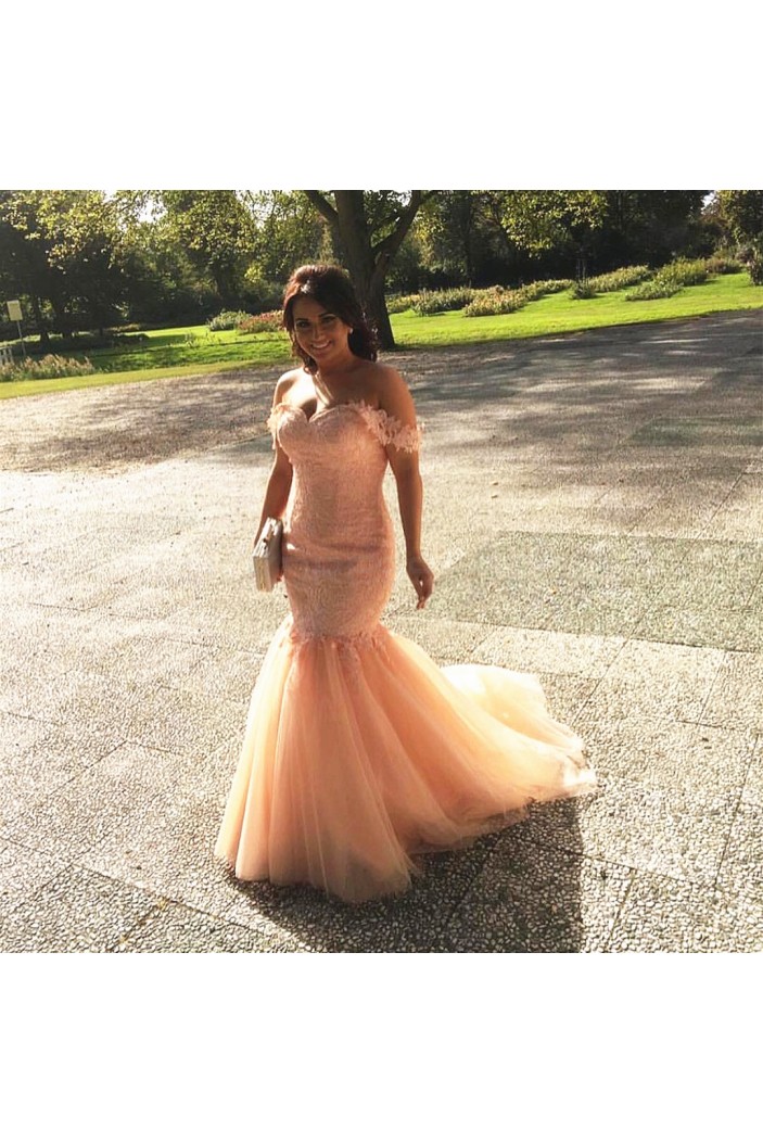 Mermaid Off-the-Shoulder Lace Tulle Long Pink Prom Formal Evening Party Dresses 3021179