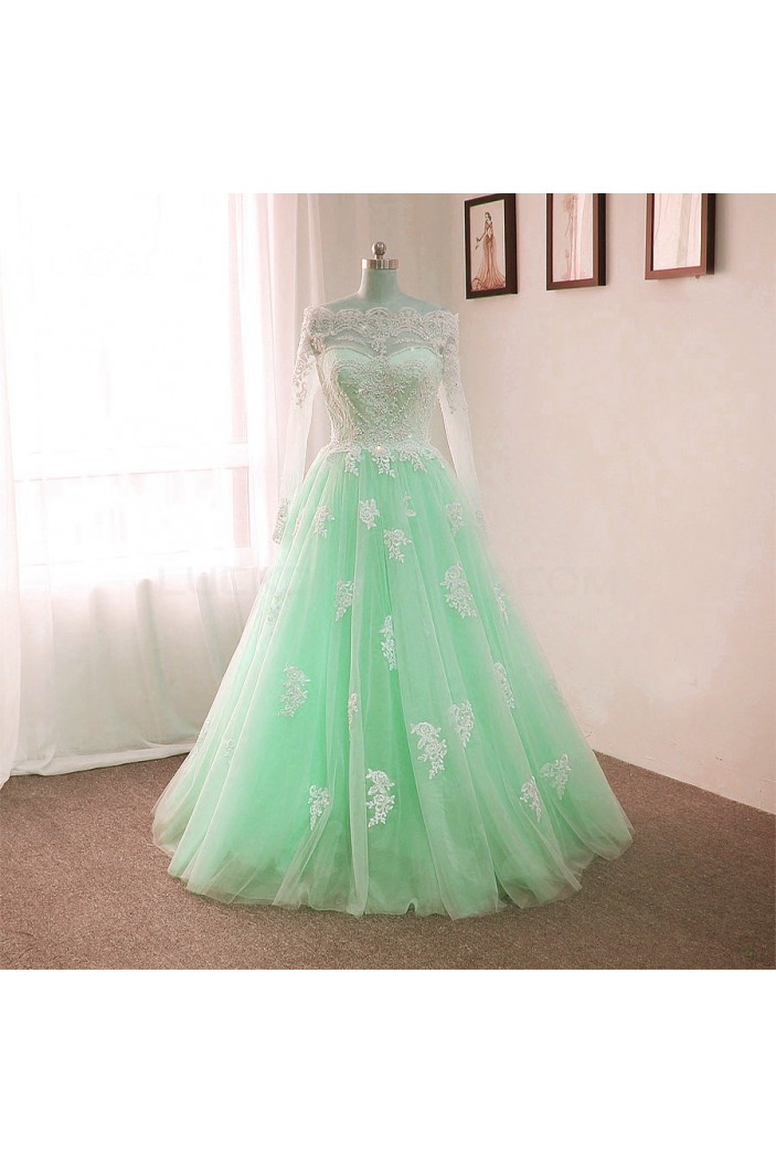 Long Sleeves Lace Mint Green Prom Formal Evening Party Dresses 3021181