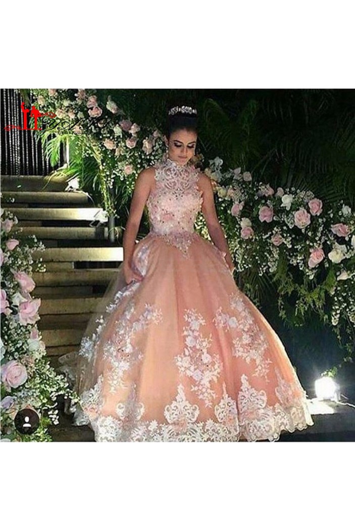 High Neck Beaded Lace Ball Gown Prom Formal Evening Party Dresses 3021184
