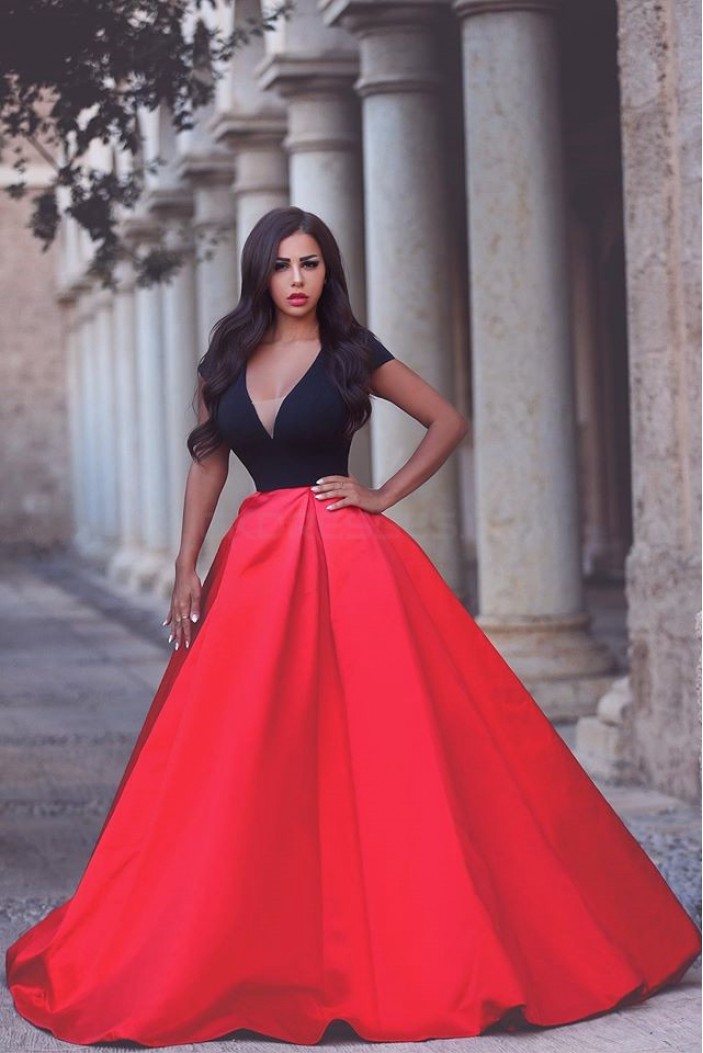 Cap Sleeves Black Red Long Prom Formal Evening Party Dresses 3021186