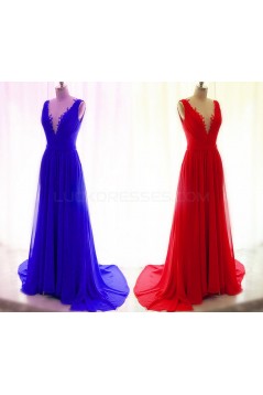 Long Blue Lace Chiffon V-Neck Prom Formal Evening Party Dresses 3021189