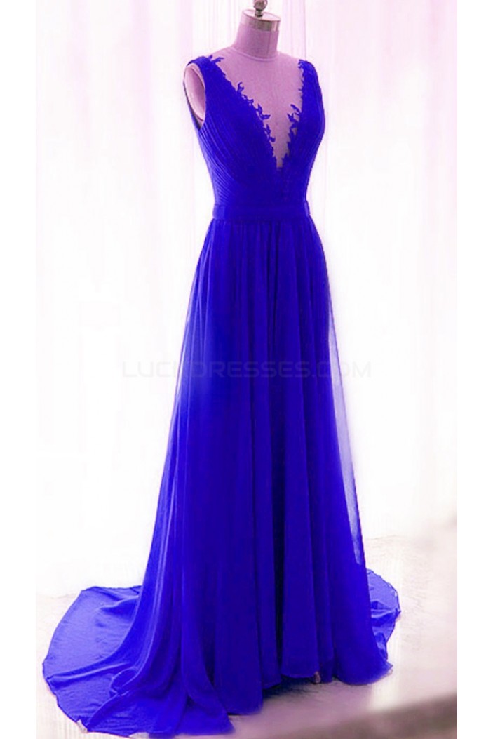 Long Blue Lace Chiffon V-Neck Prom Formal Evening Party Dresses 3021189