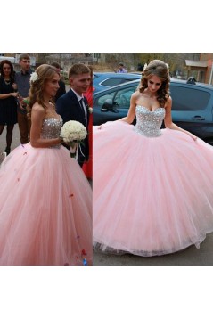 Beaded Sweetheart Long Pink Tulle Ball Gown Prom Formal Evening Party Dresses 3021197