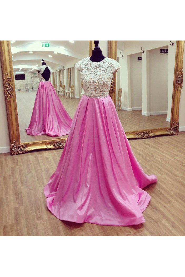 Long Pink Cap Sleeves Lace Prom Formal Evening Party Dresses 3021204