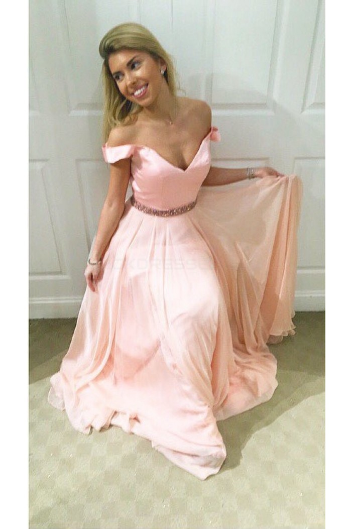 Long Pink Beaded Off-the-Shoulder Prom Formal Evening Party Dresses 3021214