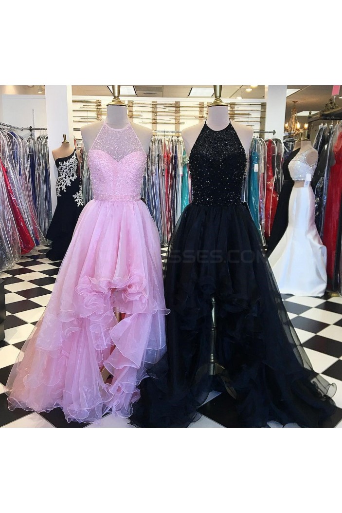 Beaded High Low Halter Prom Homecoming Cocktail Graduation Dresses 3021231