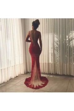 Sexy Deep V-Back Mermaid Lace Long Red Prom Formal Evening Party Dresses 3021240