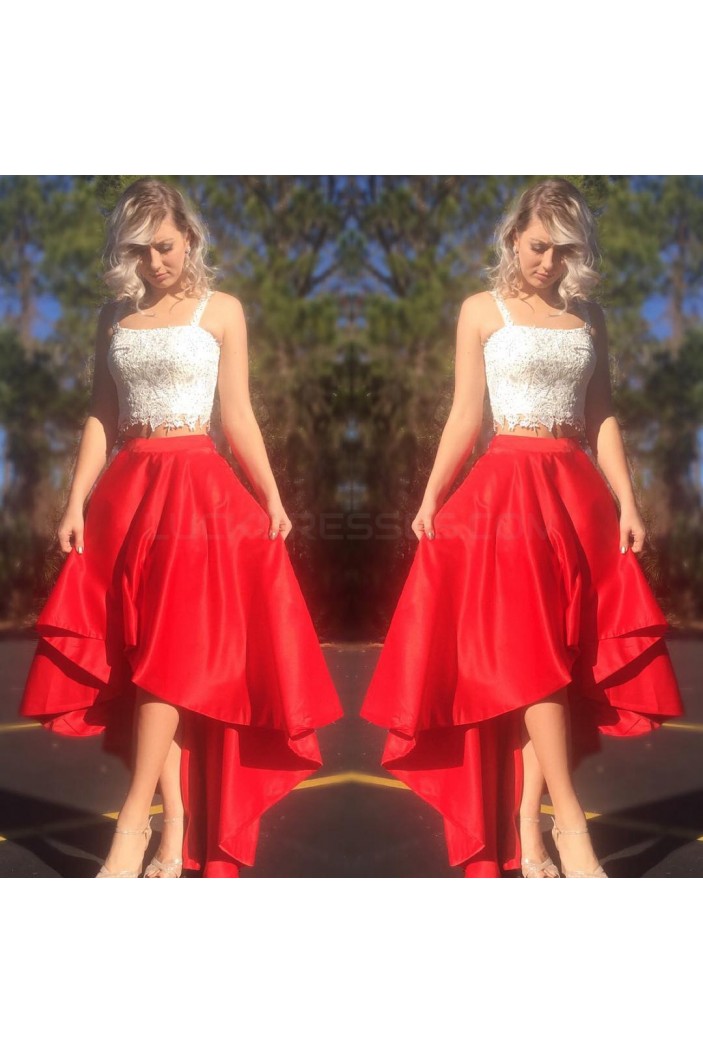 High Low Red White Lace Two Pieces Prom Formal Evening Party Dresses 3021251