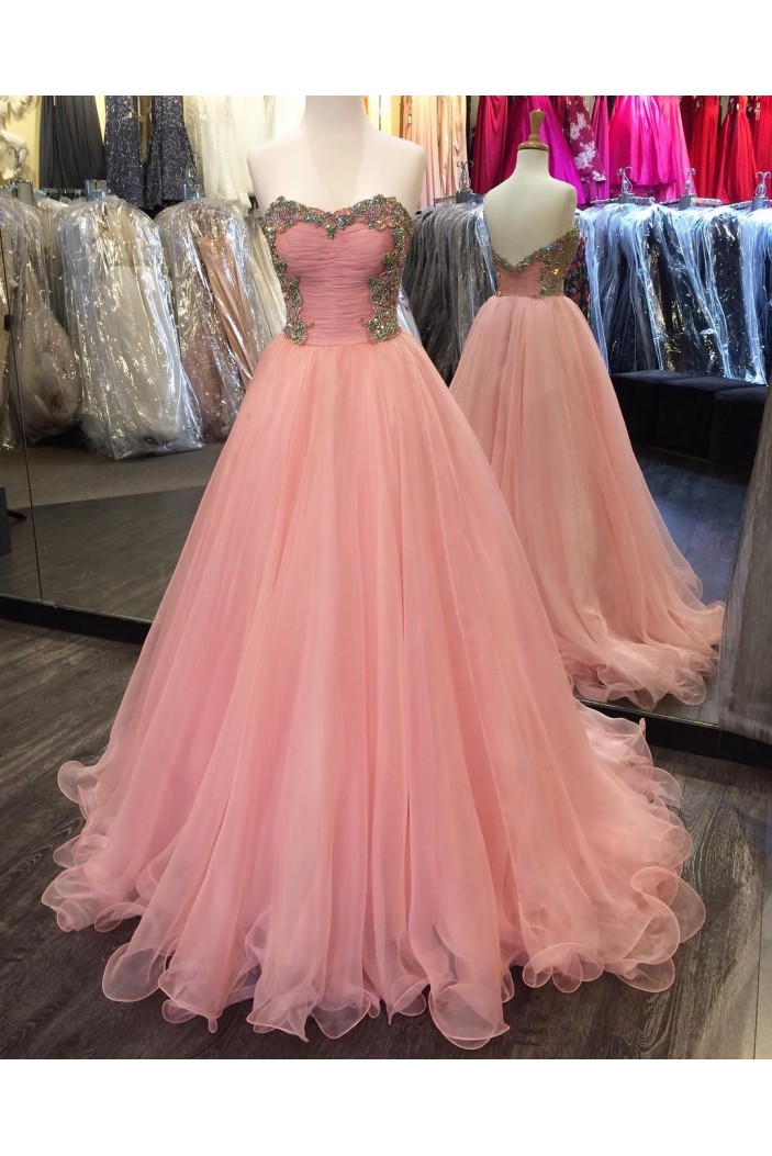 Beaded Long Pink Tulle Ball Gown Prom Formal Evening Party Dresses 3021260