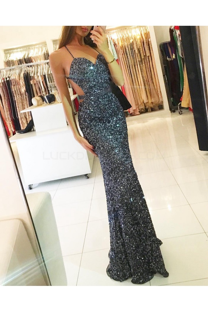 Sequins Spaghetti Straps Mermaid Long Prom Formal Evening Party Dresses 3021264