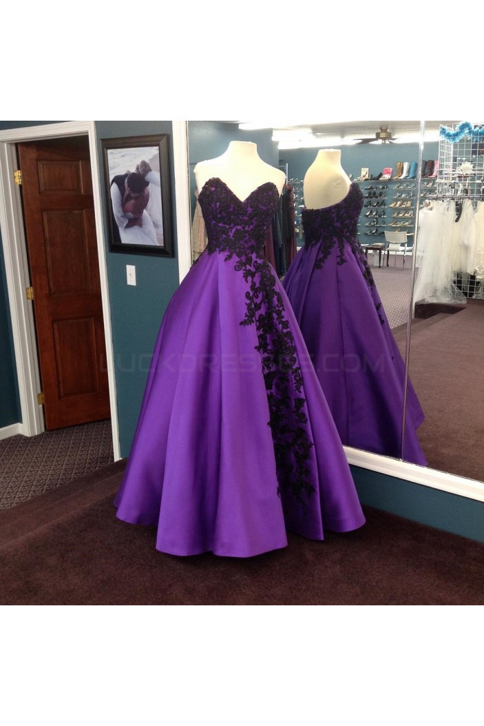 Long Purple Prom Formal Evening Party Dresses with Black Lace Appliques 3021267