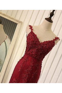Mermaid Burgundy Lace V-Neck Long Prom Formal Evening Party Dresses 3021319