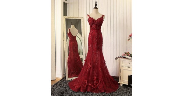 Mermaid Burgundy Lace V-Neck Long Prom Formal Evening Party Dresses 3021319