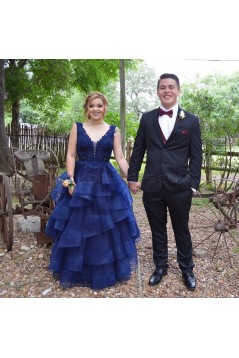 Long Navy Blue Lace V-Neck Prom Formal Evening Party Dresses 3021322