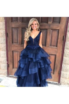 Long Navy Blue Lace V-Neck Prom Formal Evening Party Dresses 3021322