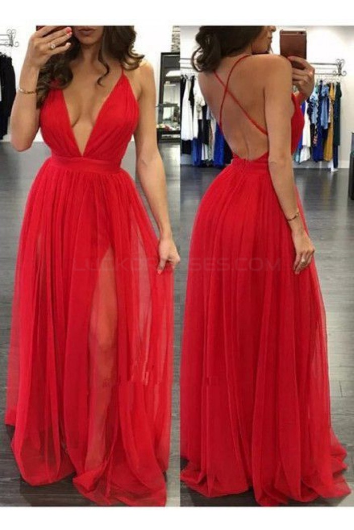 Sexy Deep V-Neck Spaghetti Straps Long Red Prom Formal Evening Party Dresses 3021334