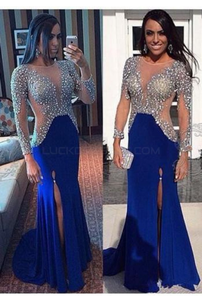 Beaded Long Blue Prom Formal Evening Party Dresses 3021335