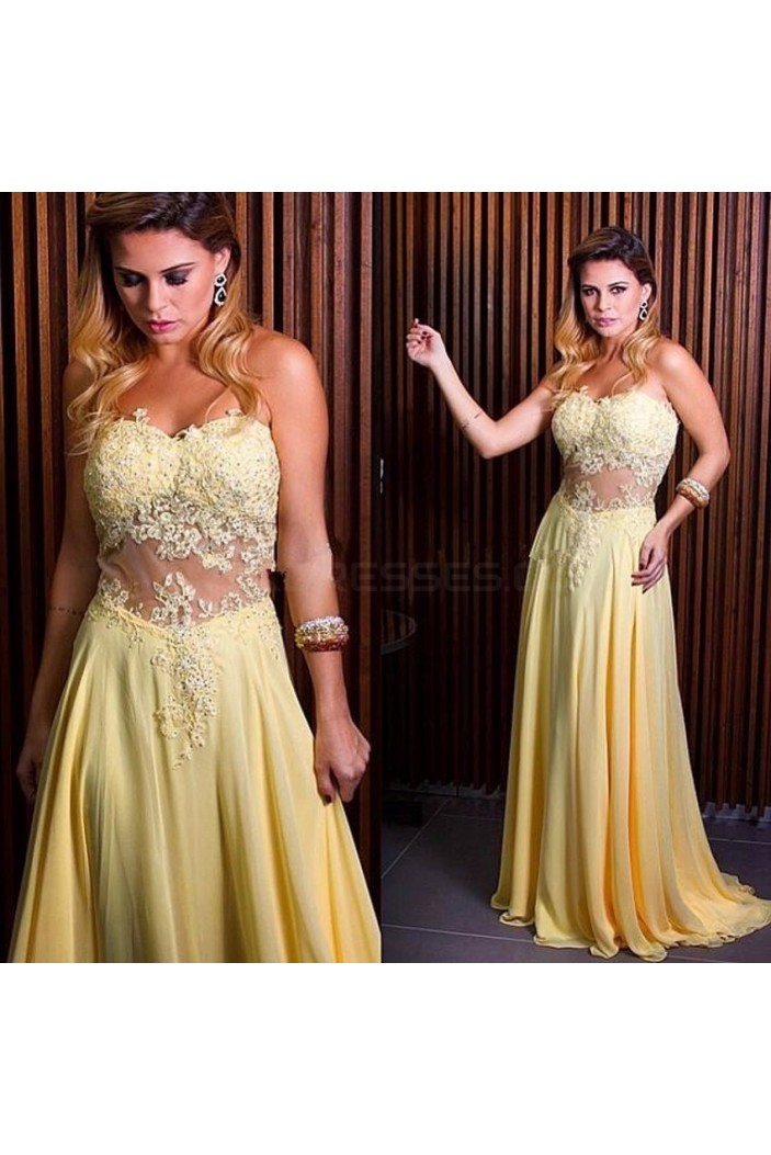 Long Yellow Lace Appliques and Chiffon Prom Formal Evening Party Dresses 3021337