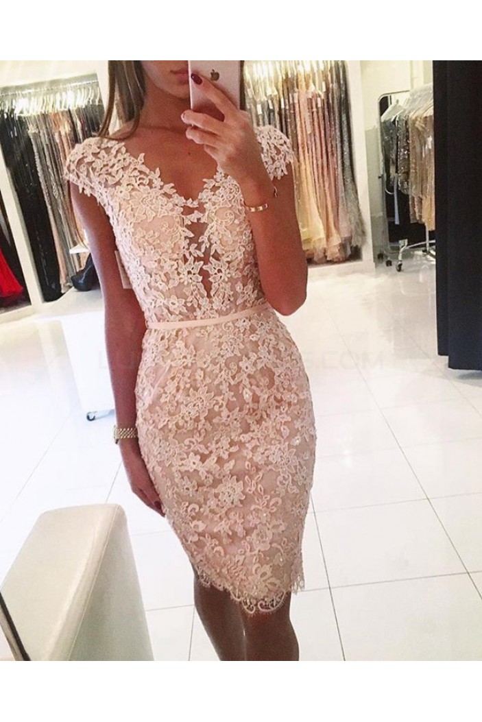 Cap Sleeves Lace Short V-Neck Prom Formal Evening Party Dresses 3021344