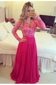 Long Sleeves Beaded Lace Chiffon Long Prom Evening Formal Dresses 3020135