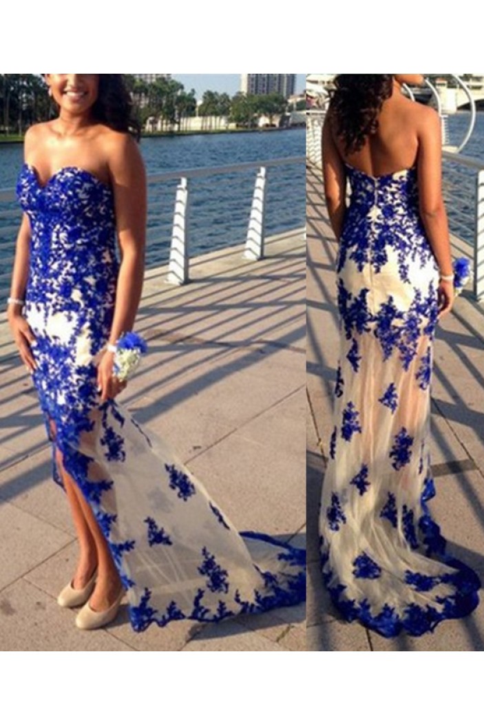 Long Blue Sweetheart Lace Appliques Prom Formal Evening Party Dresses 3021367