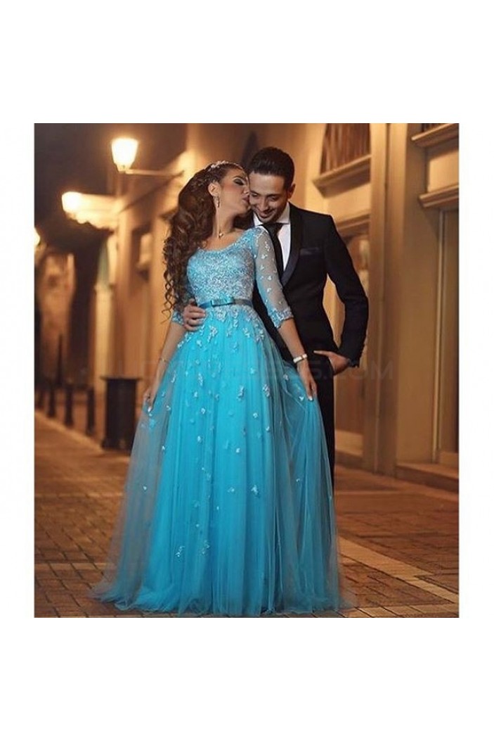 Long Blue 3/4 Length Sleeves Lace Prom Formal Evening Party Dresses 3021371