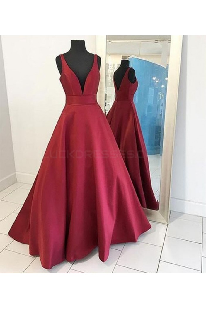 A-Line Burgundy V-Neck Long Prom Formal Evening Party Dresses 3021375