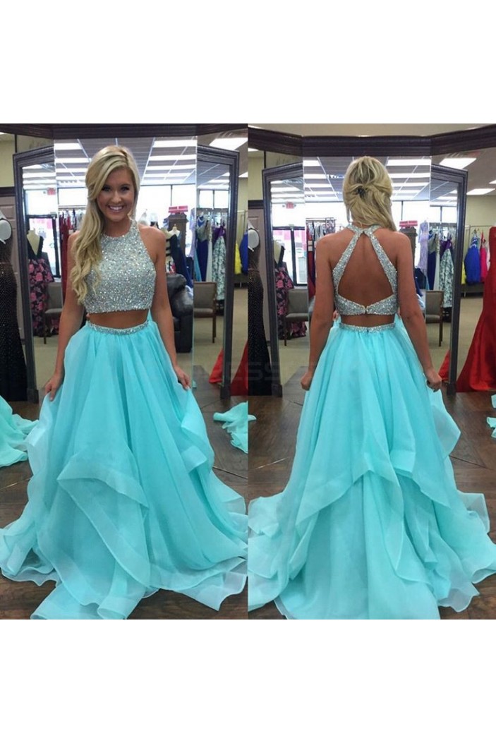 Beaded Two Pieces Long Blue Prom Formal Evening Party Dresses 3021381