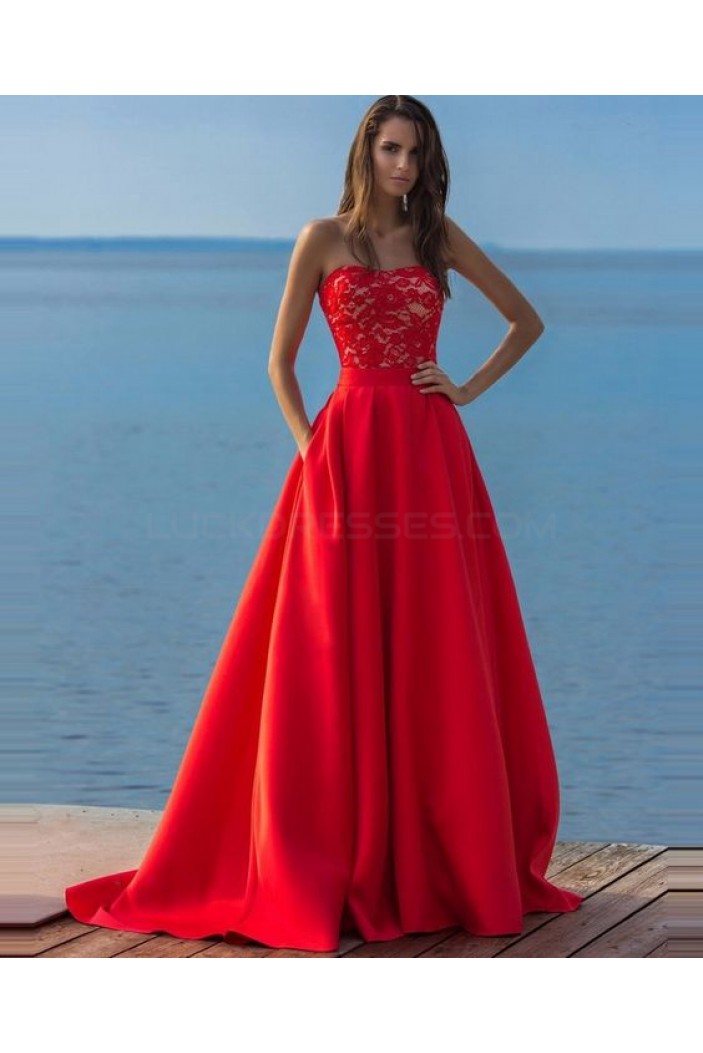 Long Red Lace Strapless Prom Formal Evening Party Dresses 3021384