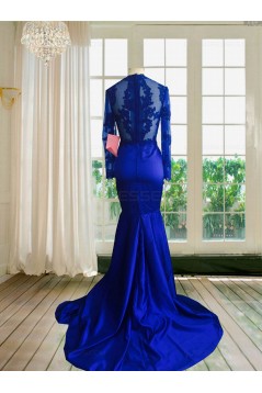 Royal Blue Long Sleeves Mermaid Evening Gowns Sexy Court Train Lace Party Dresses 3020139