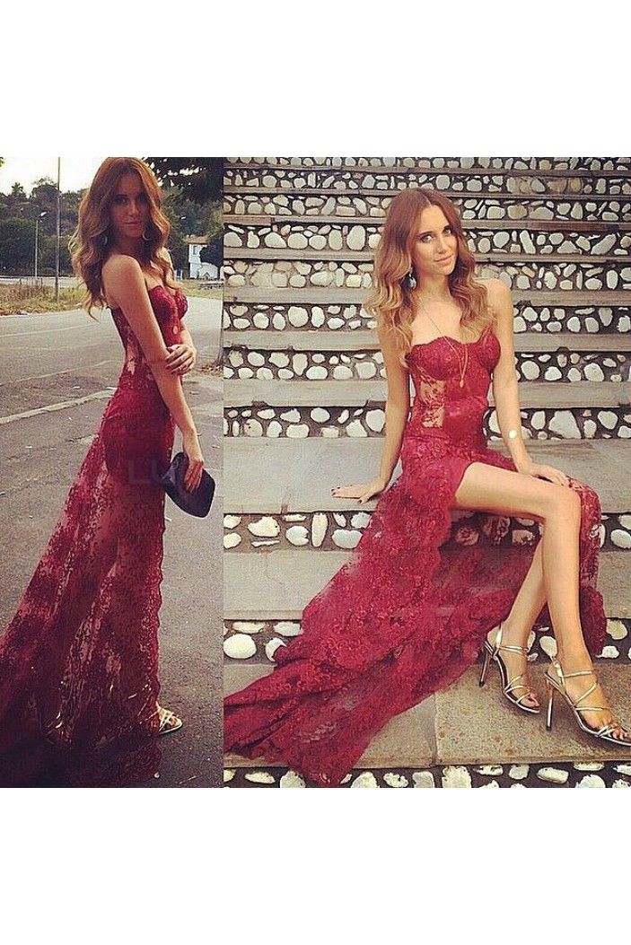 Sexy Lace Long Burgundy Prom Formal Evening Party Dresses with Slit 3021398