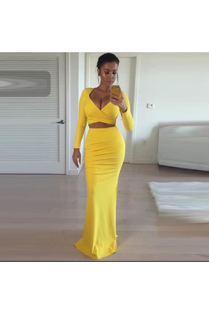 Two Pieces Yellow Long Sleeves Prom Formal Evening Party Dresses 3021418