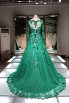 A-Line Long Sleeves Green Lace Prom Formal Evening Party Dresses 3021429