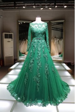 A-Line Long Sleeves Green Lace Prom Formal Evening Party Dresses 3021429