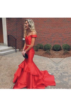 Two Pieces Off-the-Shoulder Mermaid Long Red Prom Formal Evening Party Dresses 3021431