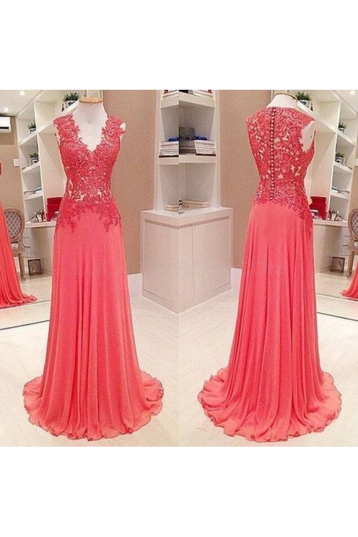 Long V-Neck Chiffon Lace Prom Formal Evening Party Dresses 3021434