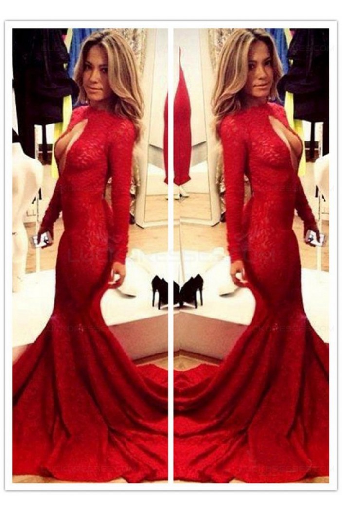 Red Mermaid Lace Long Sexy High Neck Prom Evening Formal Dresses 3020144