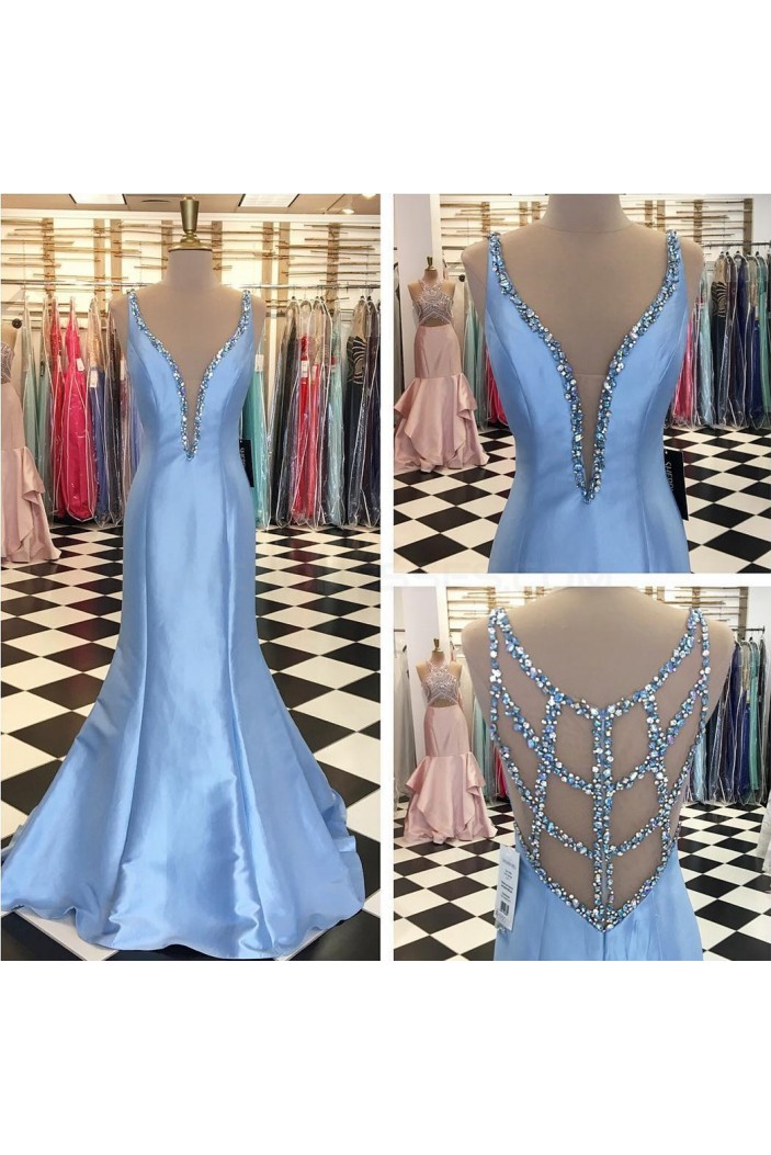 Long Blue Beaded Mermaid Prom Formal Evening Party Dresses 3021450