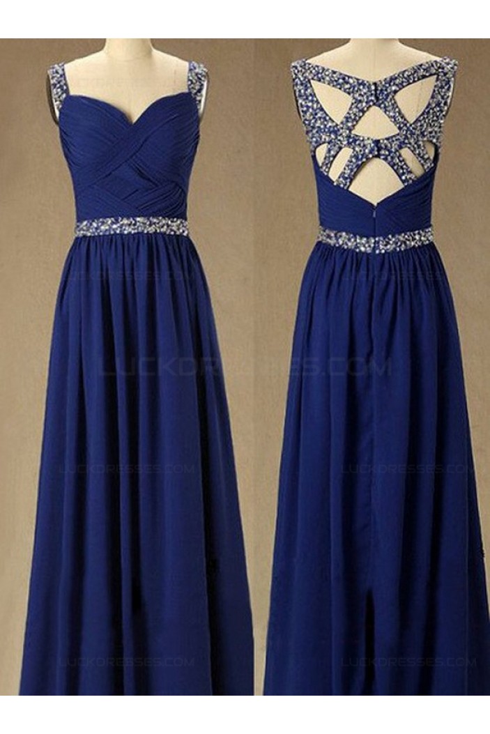 Long Royal Blue Beaded Straps Sleeveless Chiffon Prom Evening Formal Dresses 3020146