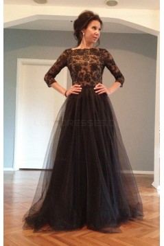 3/4 Length Sleeves Lace Top Long Black Mother of The Bride Prom Evening Formal Dresses 3020147