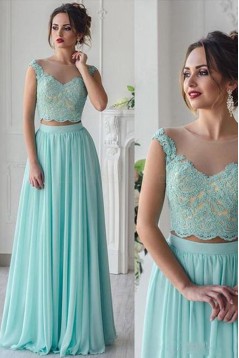 Long Blue Two Pieces Lace Chiffon Prom Formal Evening Party Dresses 3021481