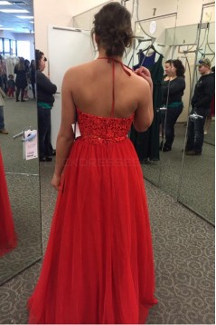 Long Red Halter Lace Chiffon Prom Formal Evening Party Dresses 3021485