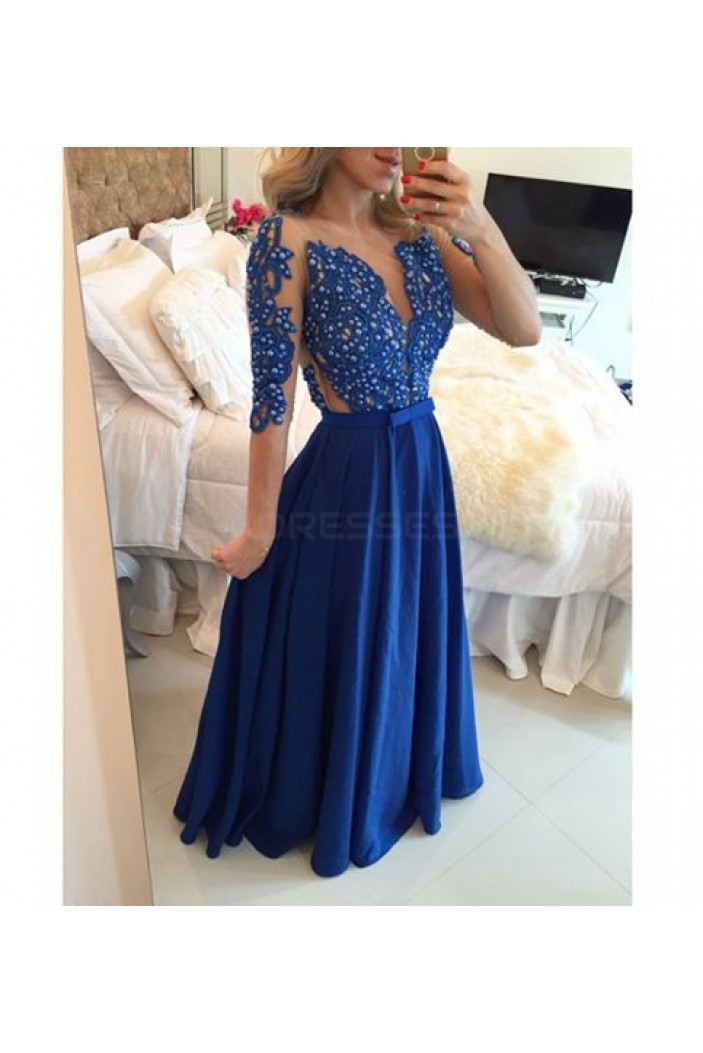 A-Line Long Blue Beaded Lace Prom Formal Evening Party Dresses 3021489