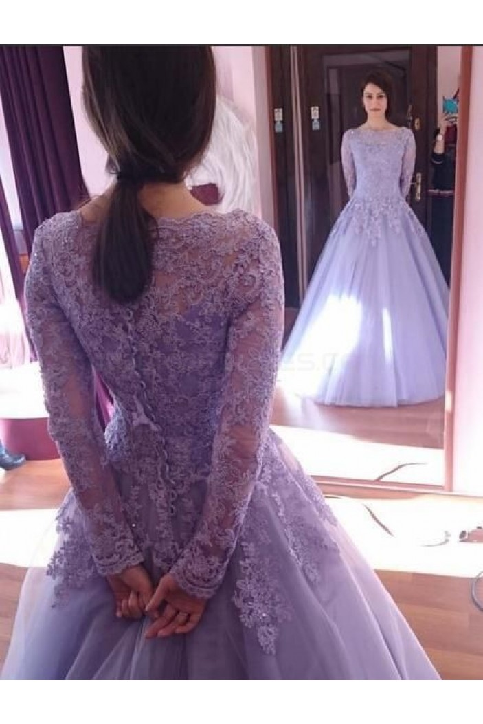 Ball Gown Purple Long Sleeves Lace Prom Formal Evening Party Dresses 3021491