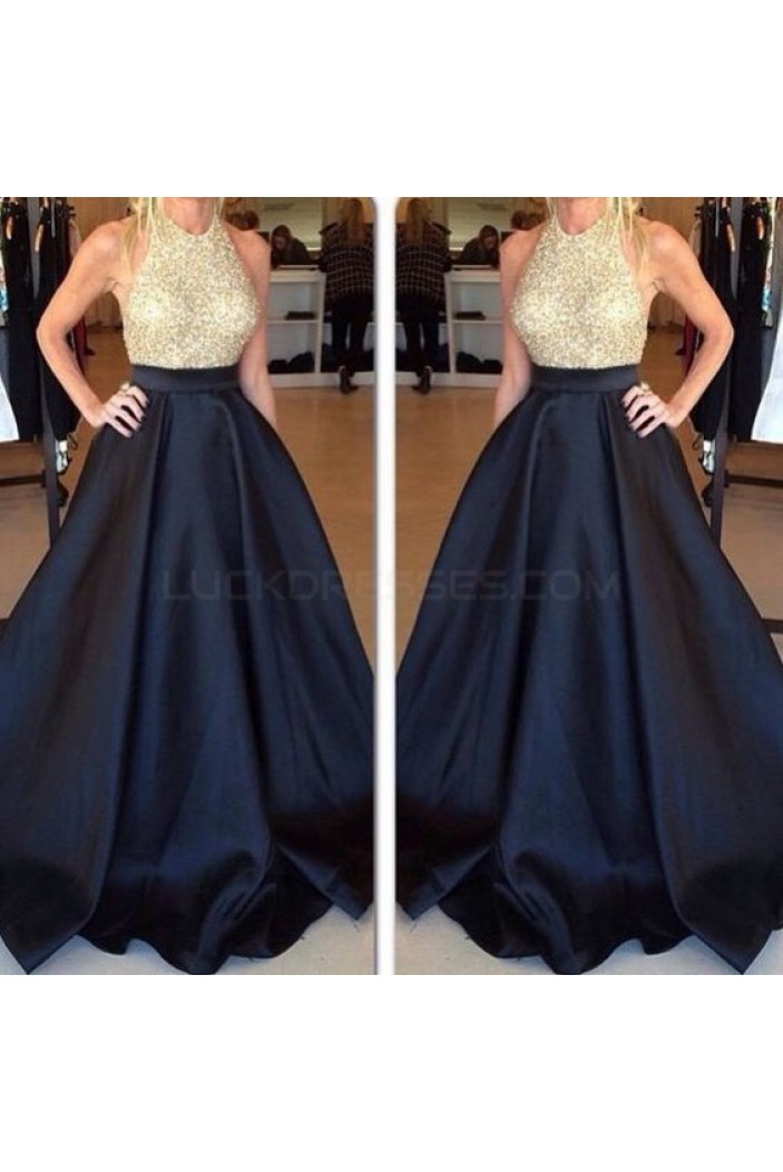 A-Line Halter Long Black Prom Formal Evening Party Dresses 3021493