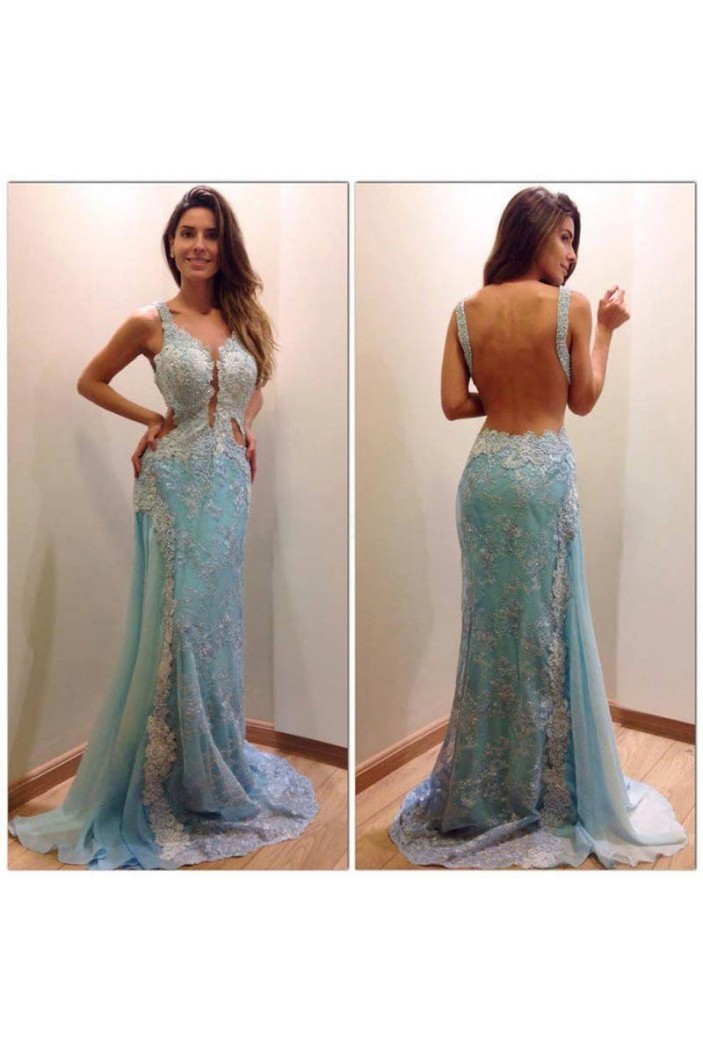 Long Blue Lace Backless Prom Formal Evening Party Dresses 3021509