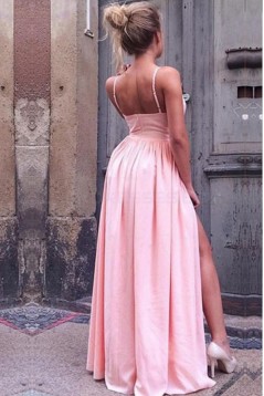 Long Pink V-Neck Prom Evening Formal Dresses with Side Slit 3021542