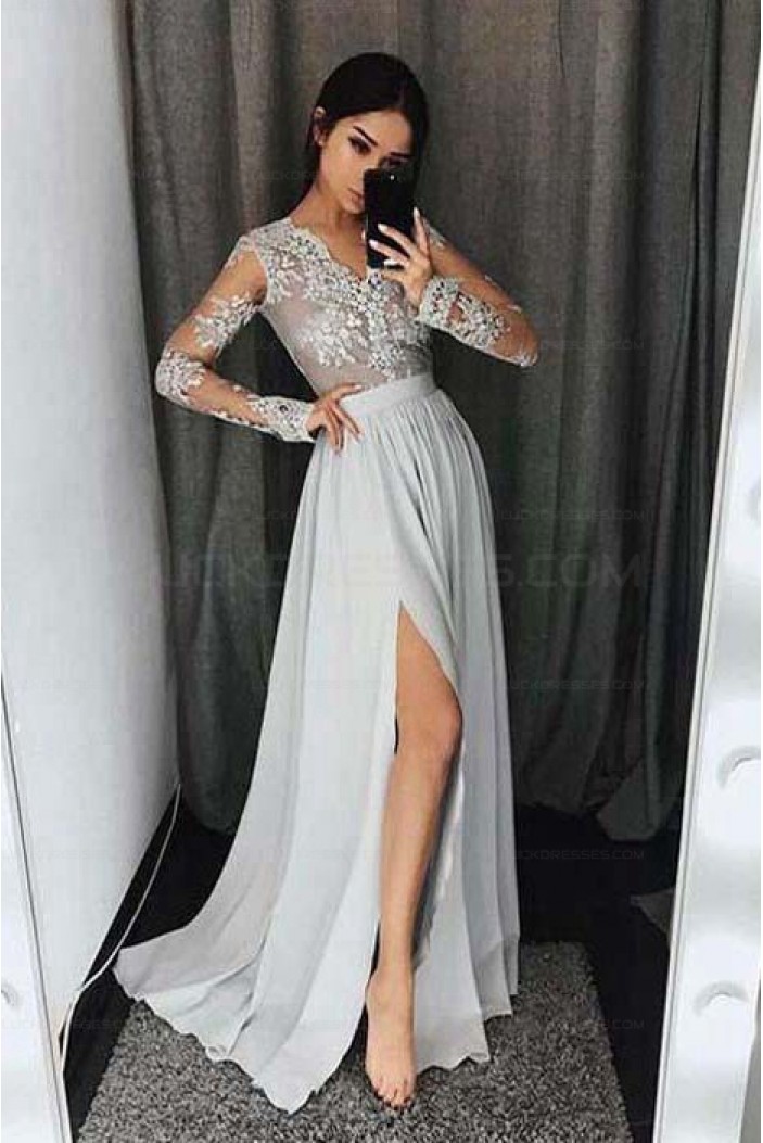 Long Sleeves V-Neck Lace Prom Evening Formal Dresses with Side Slit 3021546