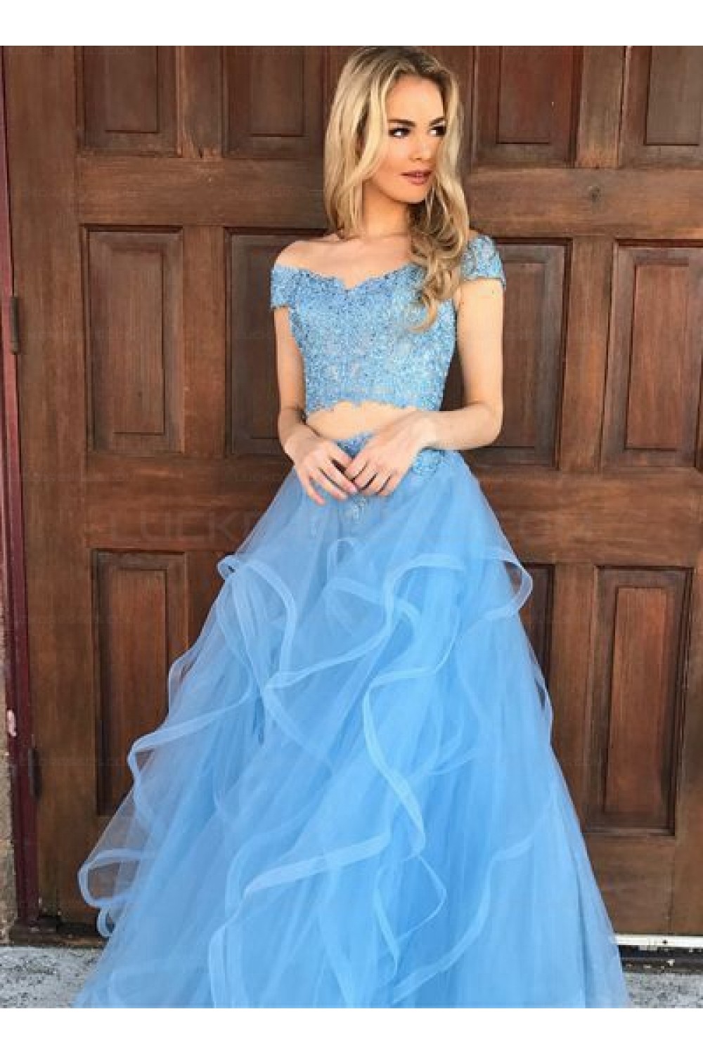 Two Pieces Off-the-Shoulder Lace Appliques and Tulle Prom Evening ...